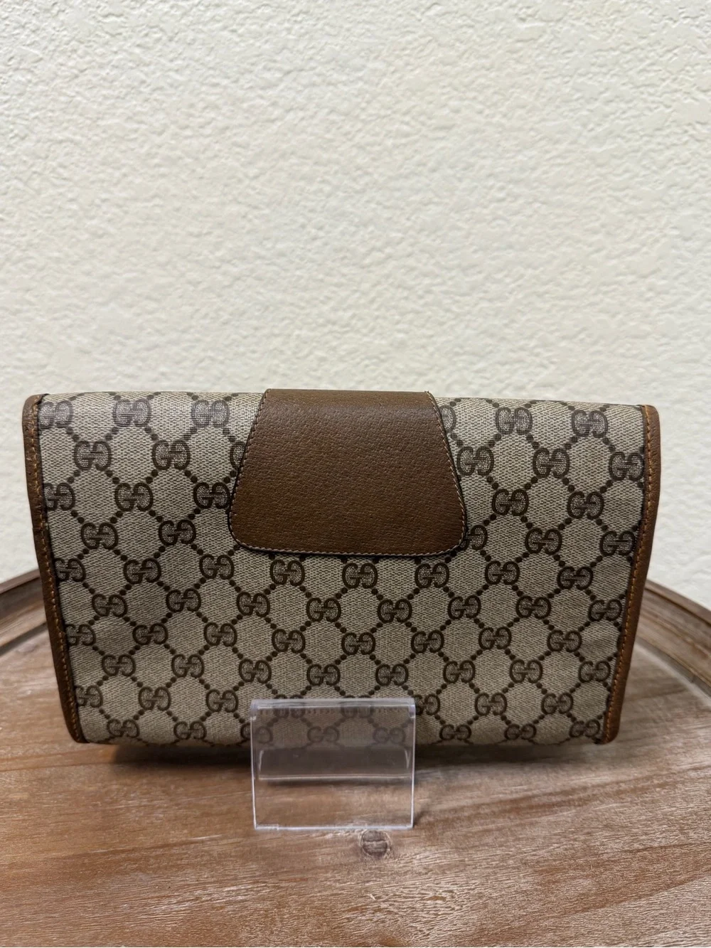 Gucci Brown GG Supreme Canvas Clutch with Green-Red Stripe